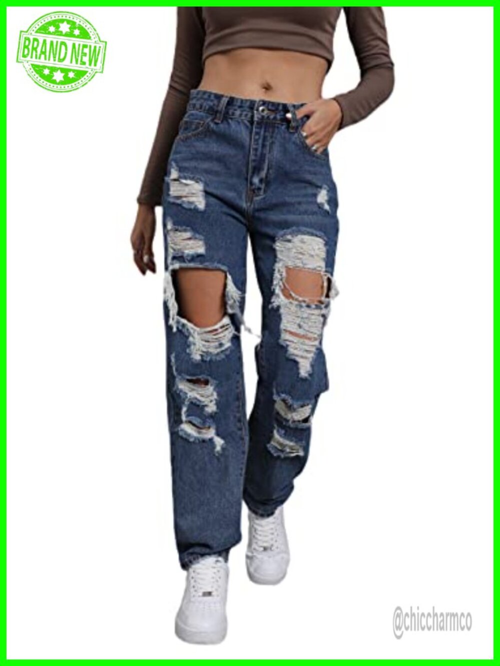 Ripped Distressed High Waisted Wide Straight Leg Y2K Boyfriend Jeans